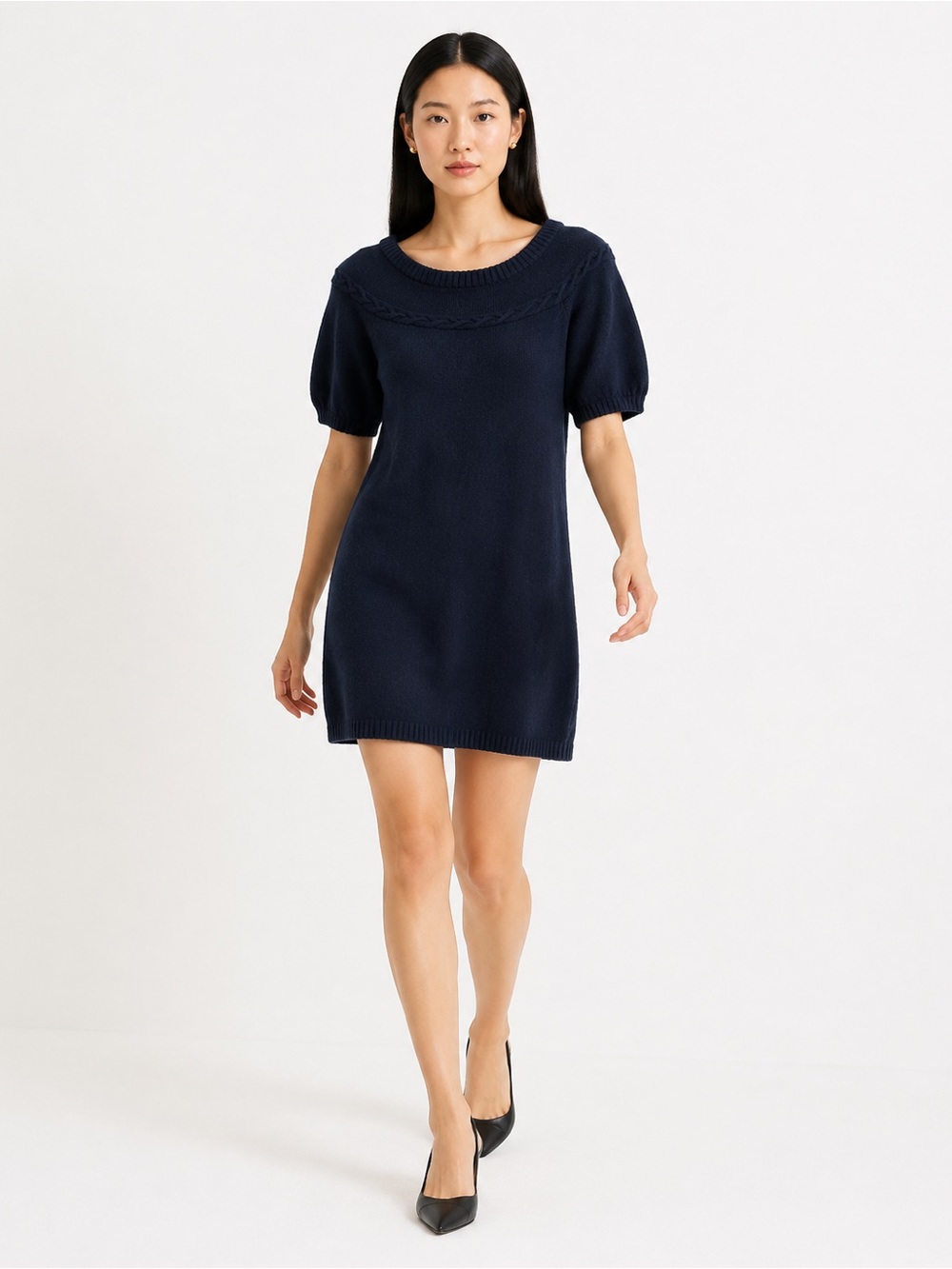 BCBGMAXAZRIA Navy Blue 100% Wool Cable Knit Puff Sleeve Mini Dress Sz Small
